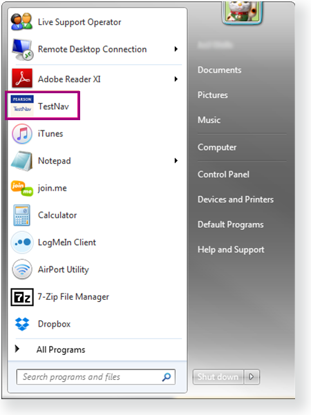 TestNav 8 > Access TestNav on your Home Computer or Device > TN_DsktpStartMenu.png
