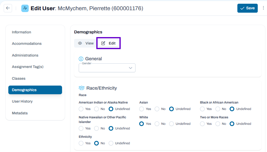 Demographics page in Edit mode, showing editable demographic fields and race, ethnicity, and program classifications.