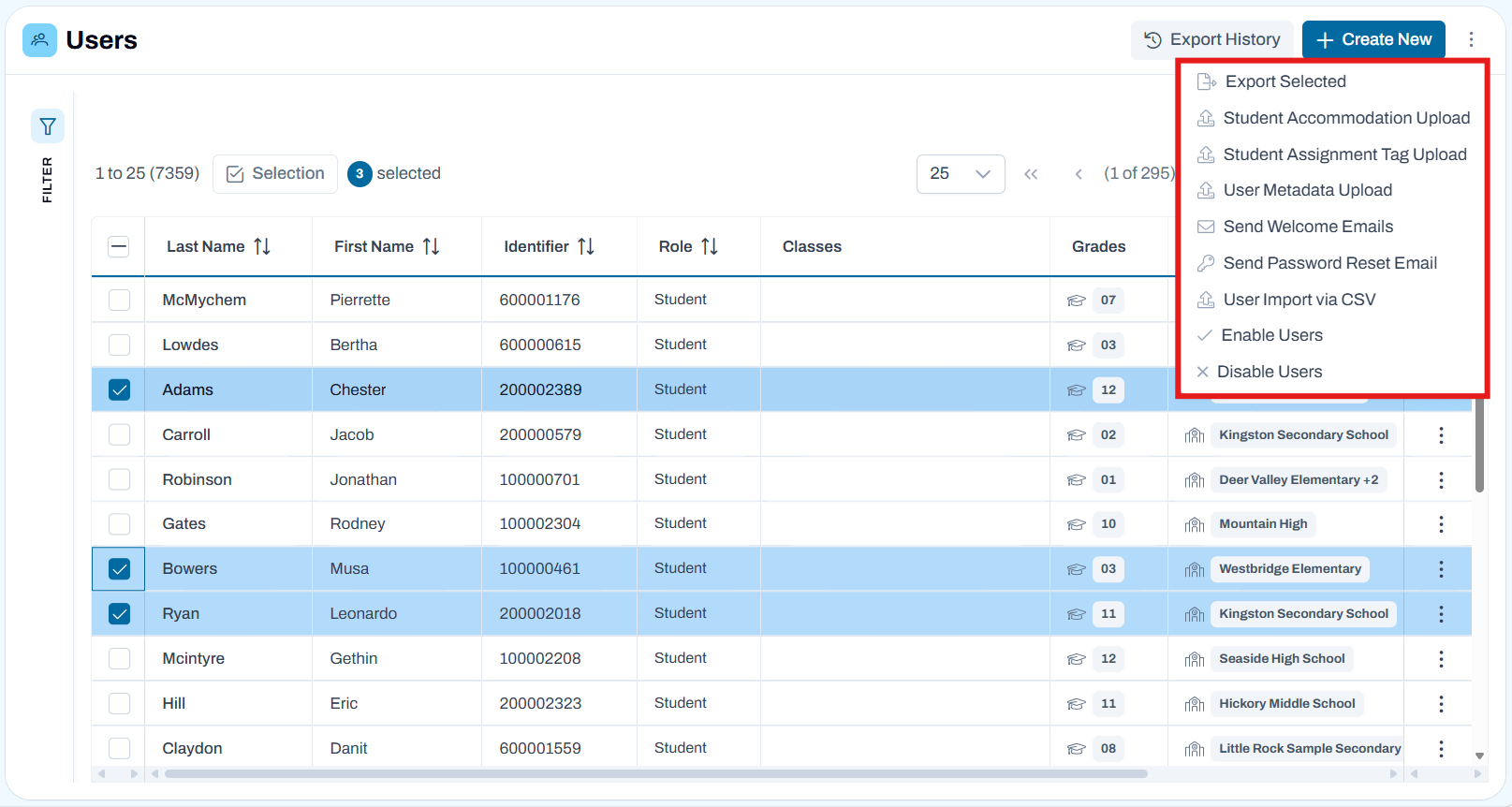 Sample User Search with Options for selected users. Sample User Search with Options for selected users.