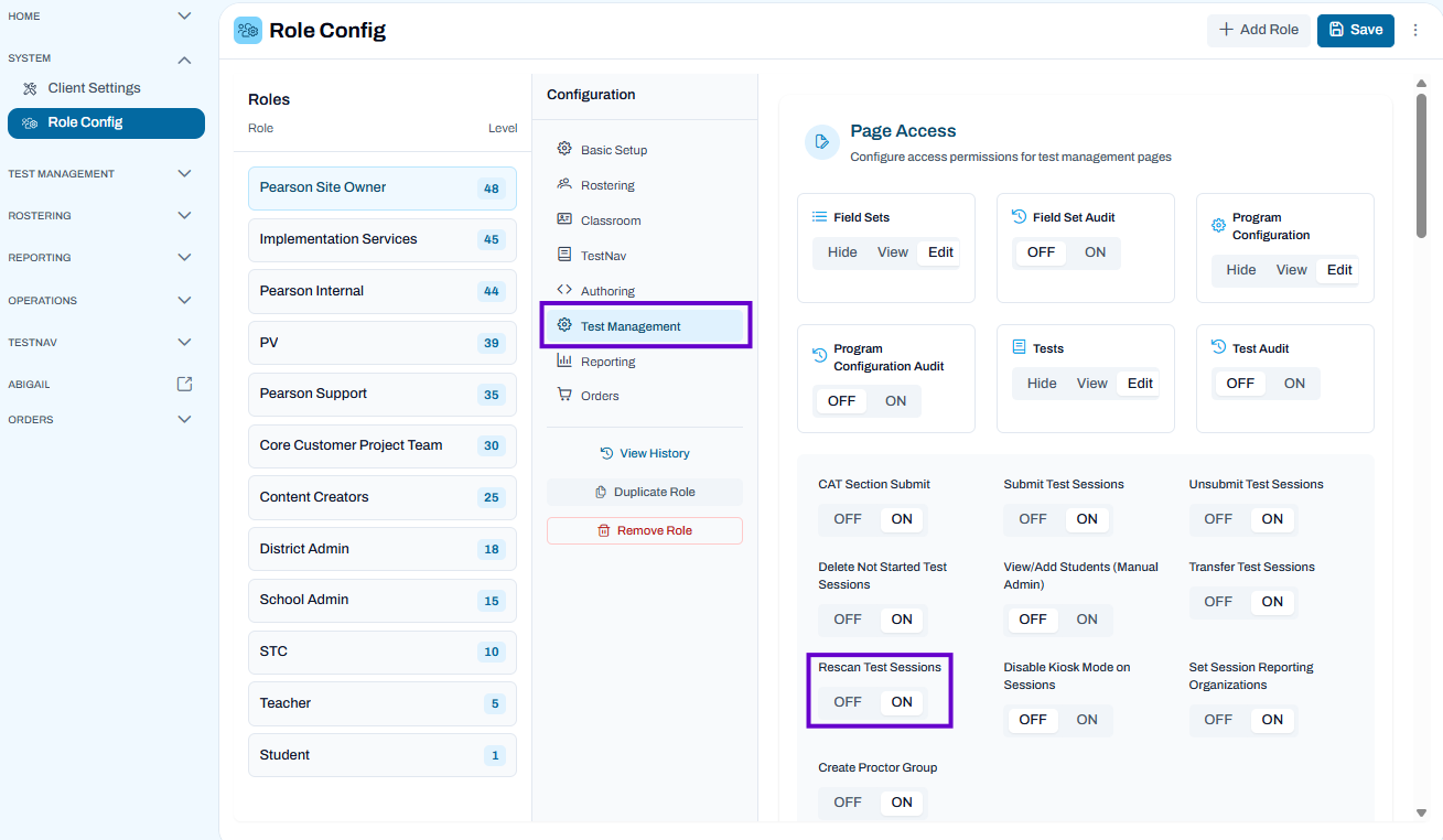 Rescan Test Sessions permissions toggle.