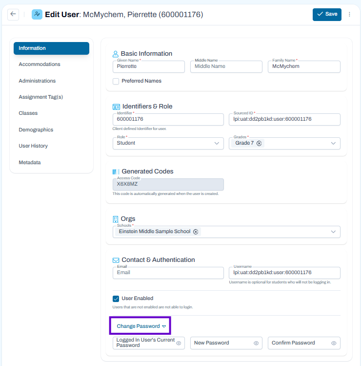 Edit user form showing user details, role, grade selected, organization, and enabled status with password change option.