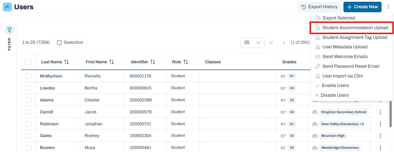 Menu option for Student Accommodation Upload for multiple students.