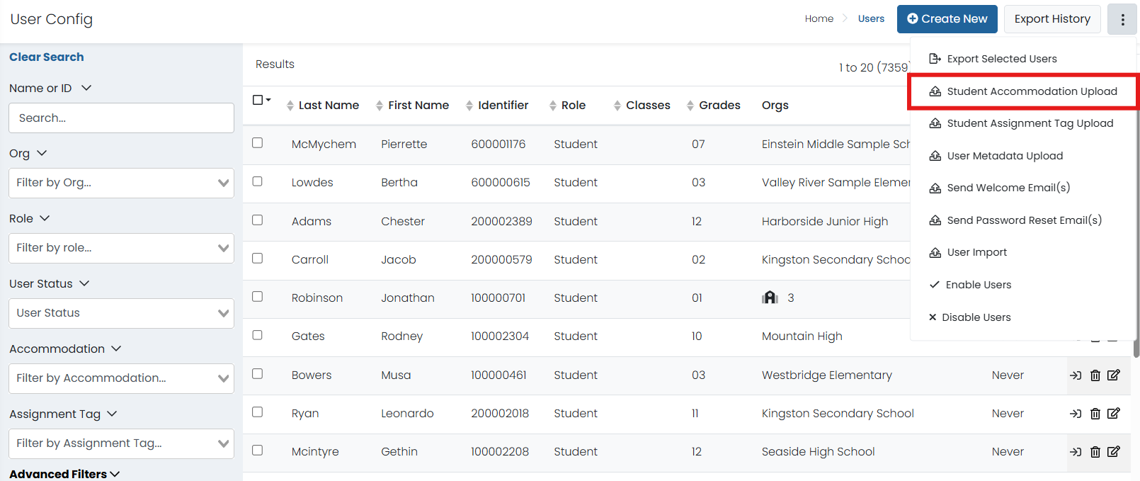 Menu option for Student Accommodation Upload for multiple students.