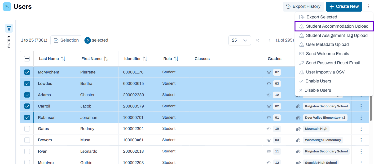 Menu option for Student Accommodation Upload for multiple students.