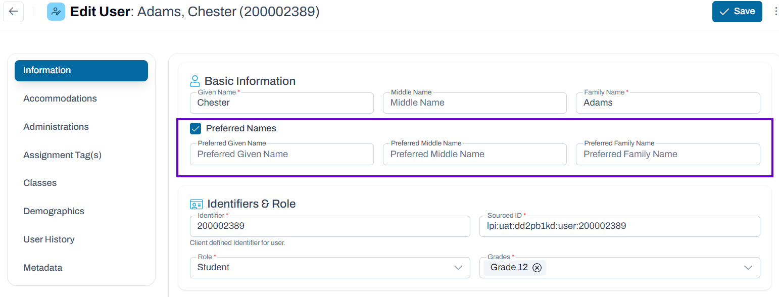 Information tab showing preferred names fields.