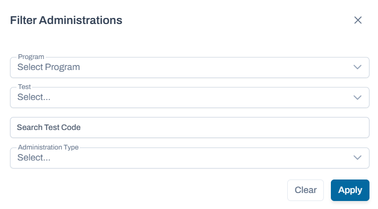 Administrations filter options.