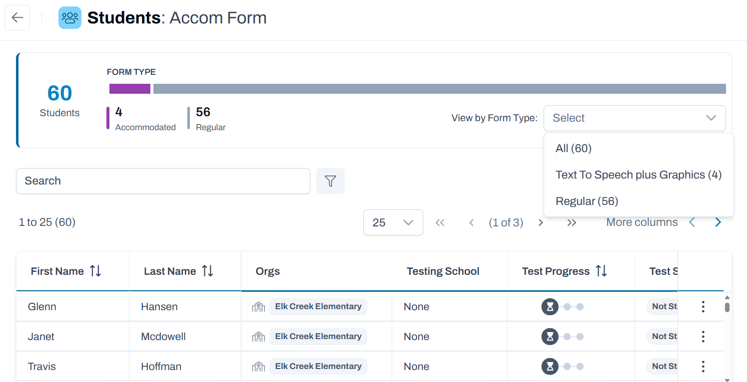 Student page showing View by Form Type selected.