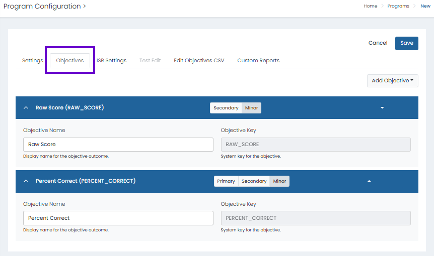 Program Configuration Objectives tab selected with objectives listed, editable fields, and Save action available.