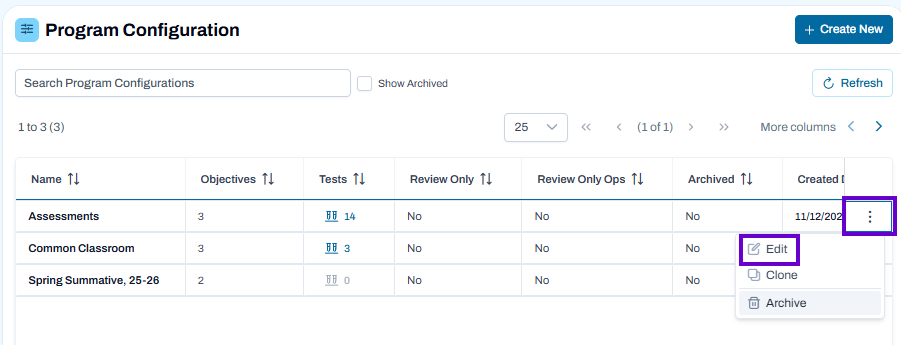 Program Configuration list with row actions menu open, showing Edit option for selected program.