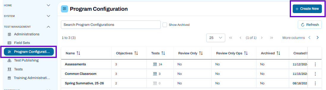 Program Configuration page with configuration table, Program Configuration selected in menu, Create New button available.