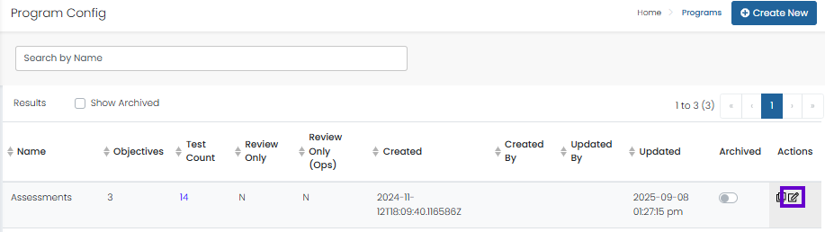 Program Configuration list with single program shown and row actions menu button available for editing.