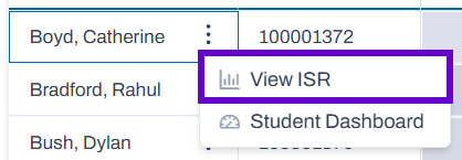View ISR option highlighted in actions dropdown menu.