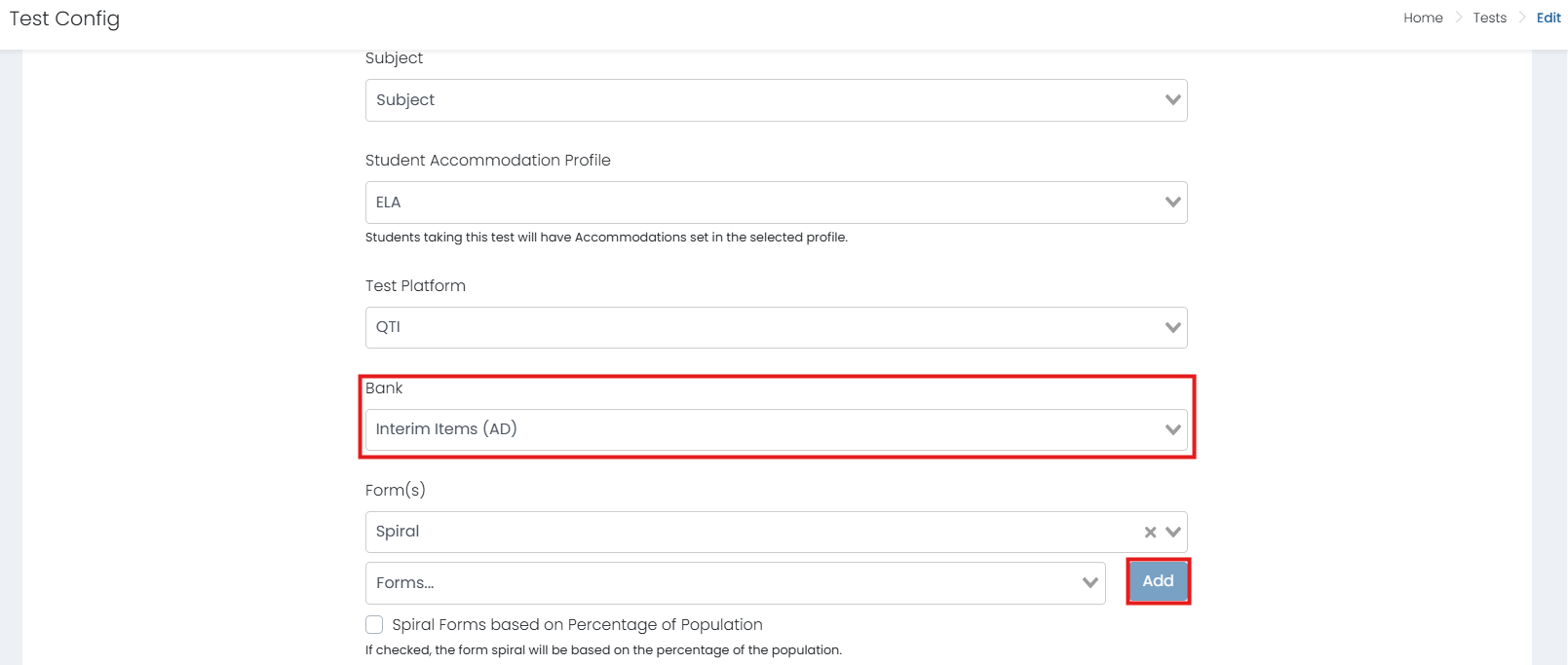 New test page showing bank and form options.