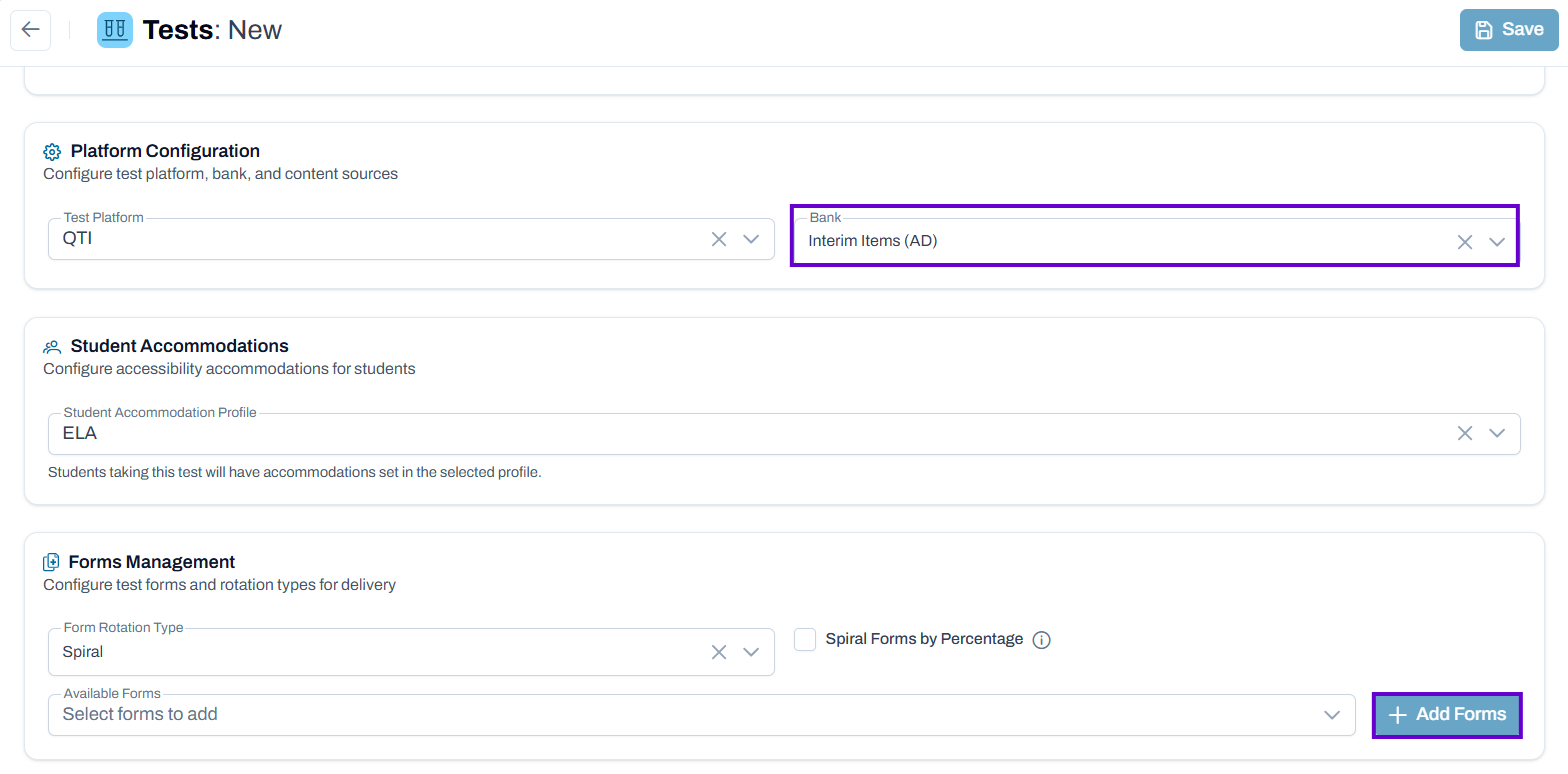New test page showing bank and form options.