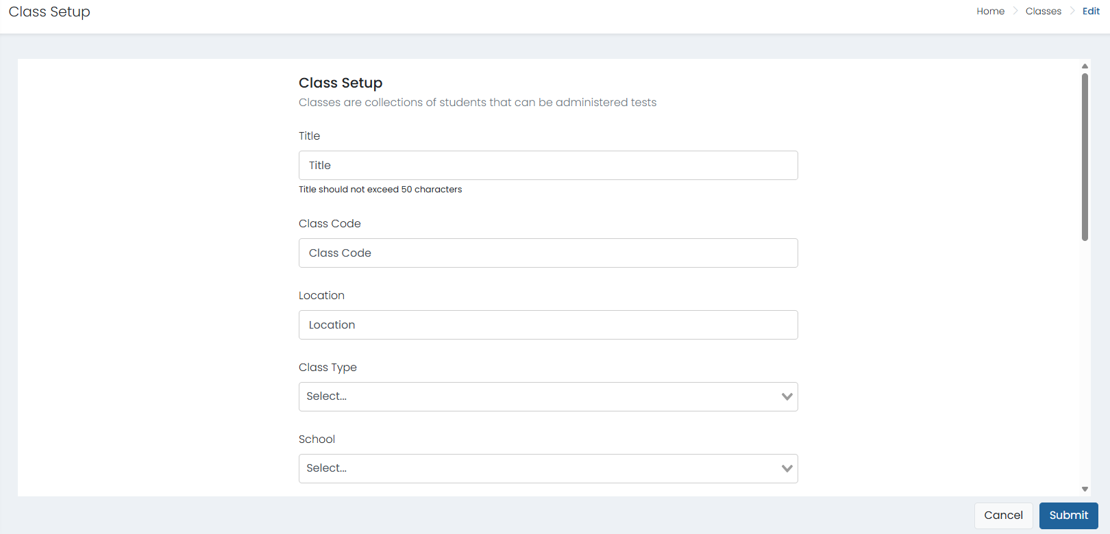 Class setup page.