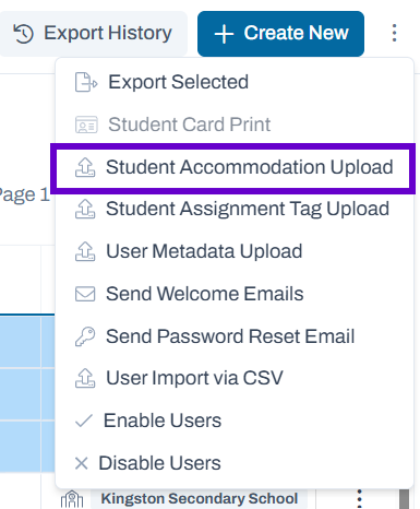 Menu option for Student Accommodation Upload