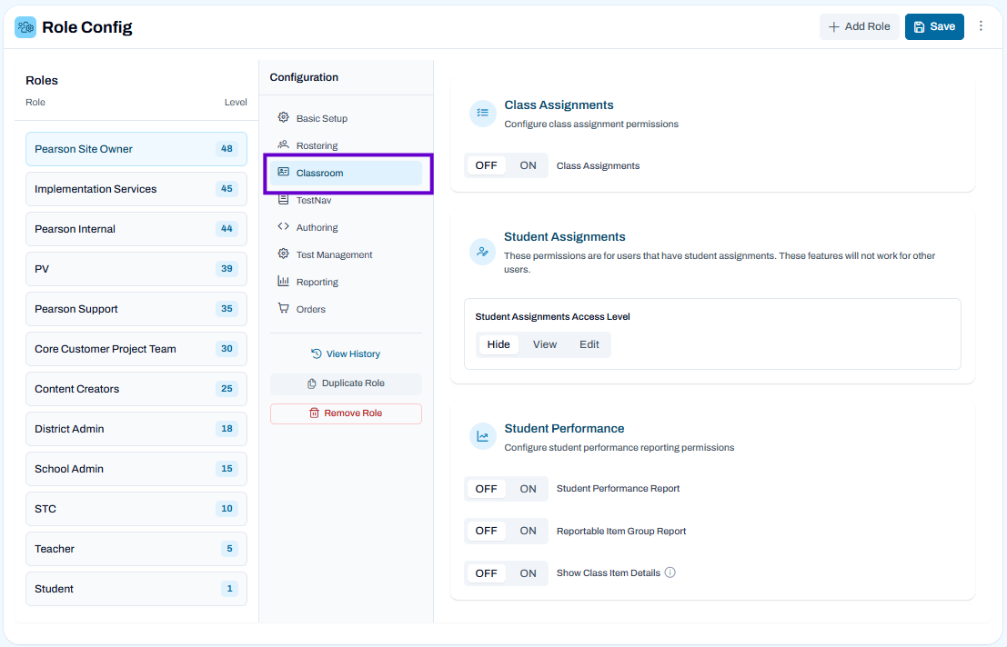 Role configuration page with selected role and classroom settings open to manage class assignments and student performance permissions.