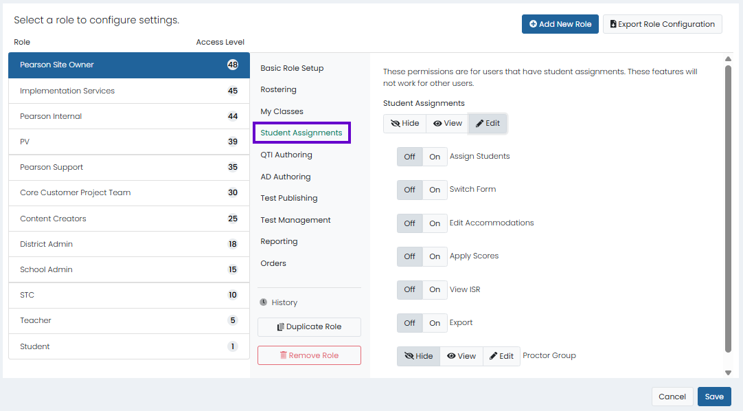 Role configuration page with selected role and student assignments settings open to manage assignment permissions and actions.
