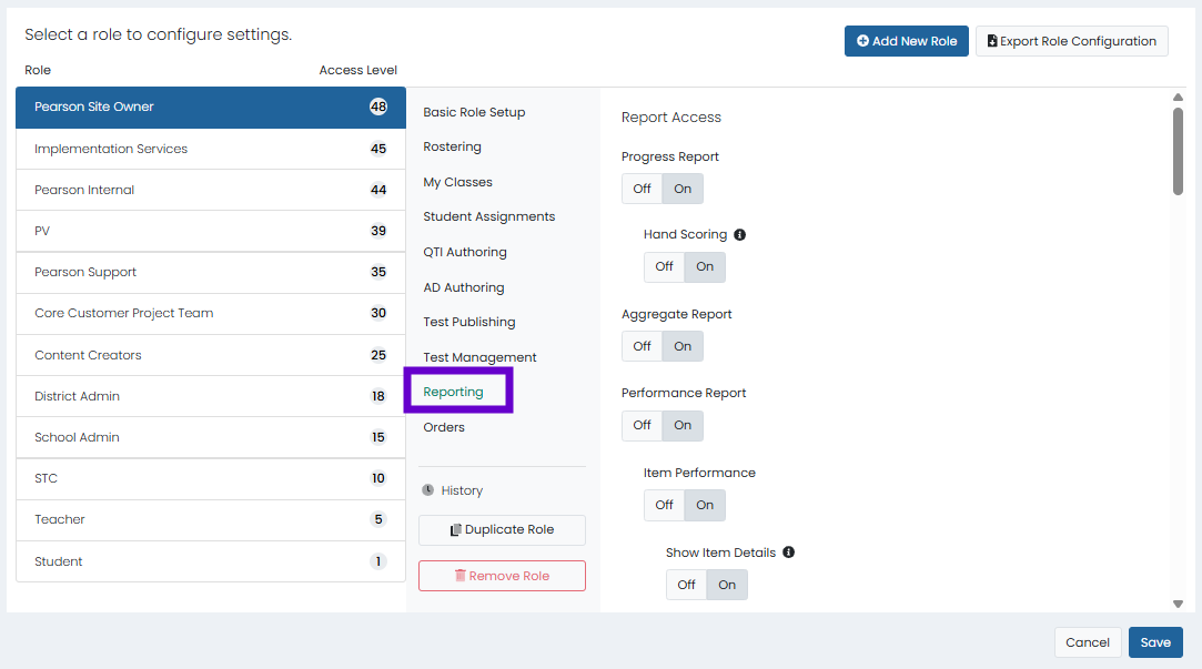 Role configuration page with Reporting selected and report permissions open to manage access, uploads, and data exports.