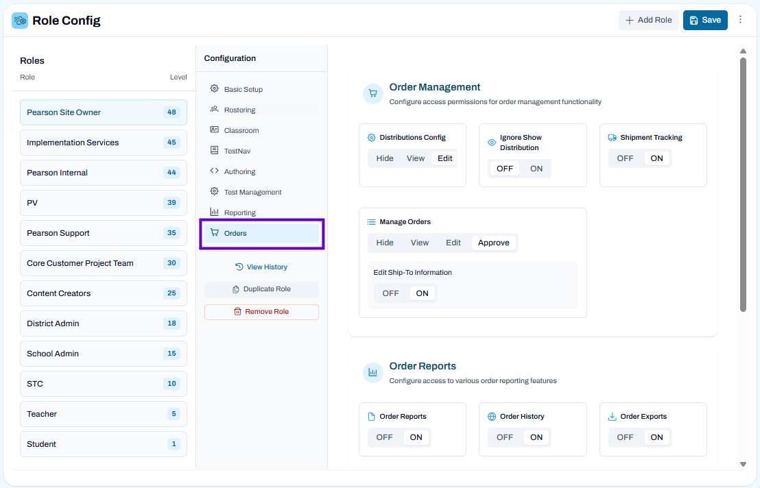 Role configuration page with Orders selected and order management permissions open to manage distributions, tracking, approvals, and reports.