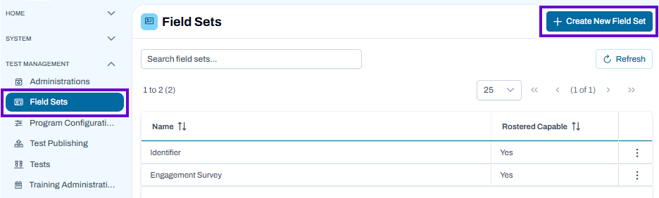 Field Sets page listing fields with create new field set option available and existing items visible.