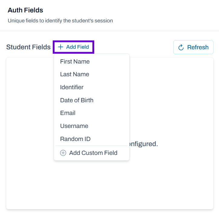 Auth fields section with add field menu open showing predefined and custom student field options.
