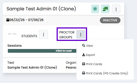 Administration card action menu open with options to view, export, or print cards for an inactive test administration.