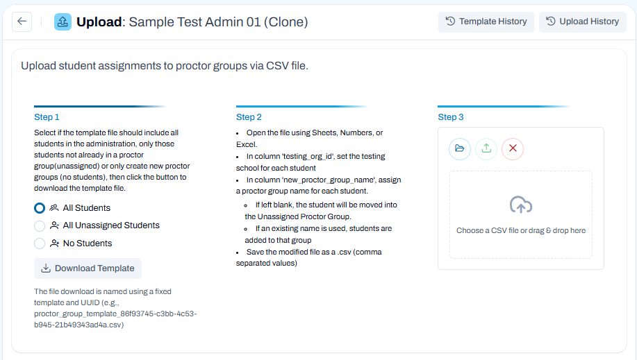 Upload Proctor Group page with Step 3 upload area for importing student-to-proctor group assignments using a CSV file.