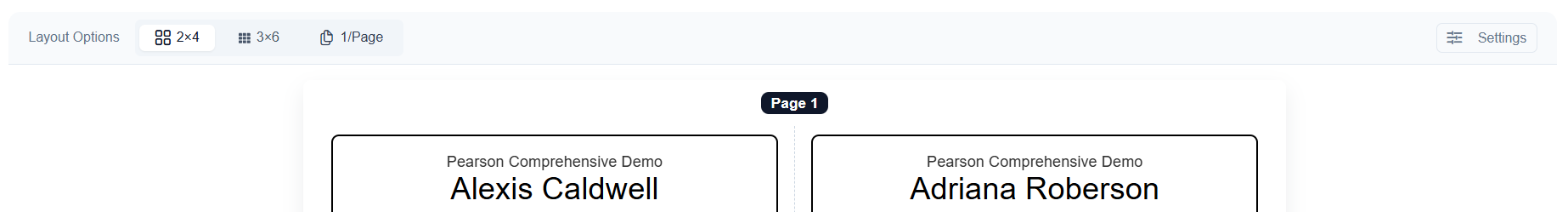 Layout options and additional settings for print cards.