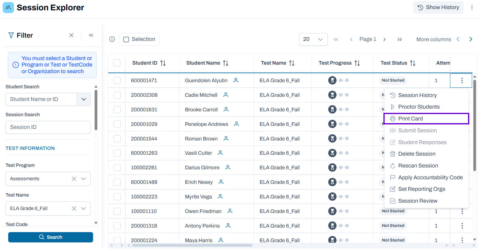 Session Explorer: Access Print Card for one student. Session Explorer page showing print card option in actions dropdown menu.