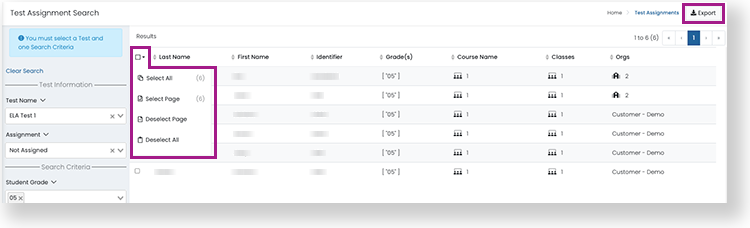 Test Assignment Search screen showing Export button highlighted and options for selecting student