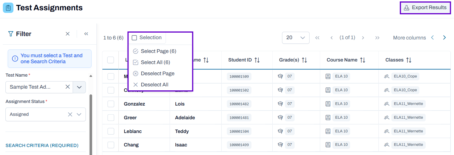 Test Assignment Search screen showing Export button highlighted and options for selecting students.