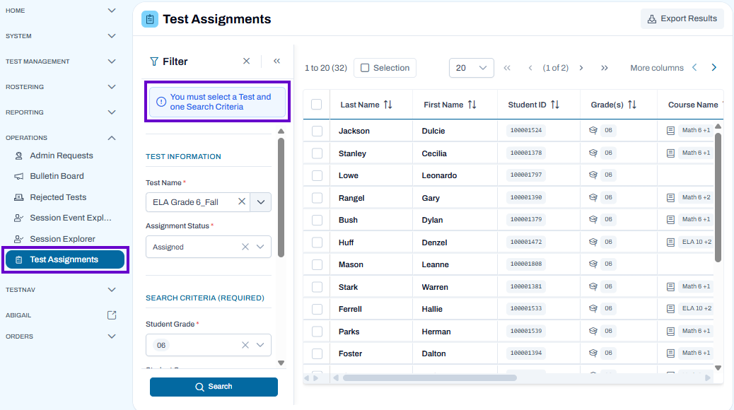 Test Assignments page with filters selected, displaying assigned students and a reminder to choose a test and search criteria.