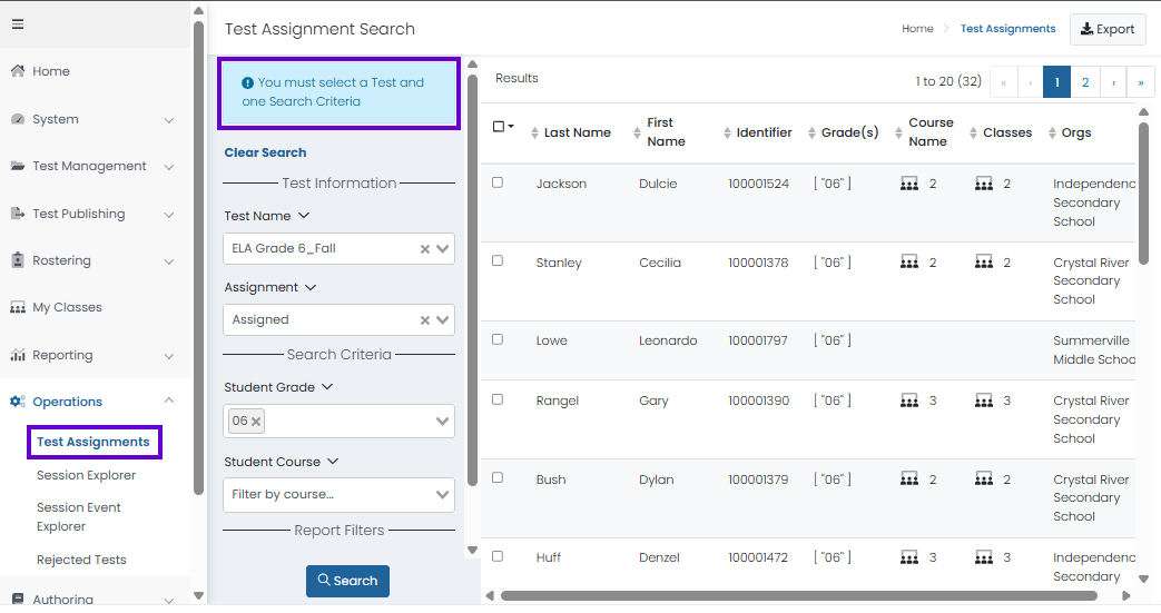 Test Assignments page with filters selected, displaying assigned students and a reminder to choose a test and search criteria.