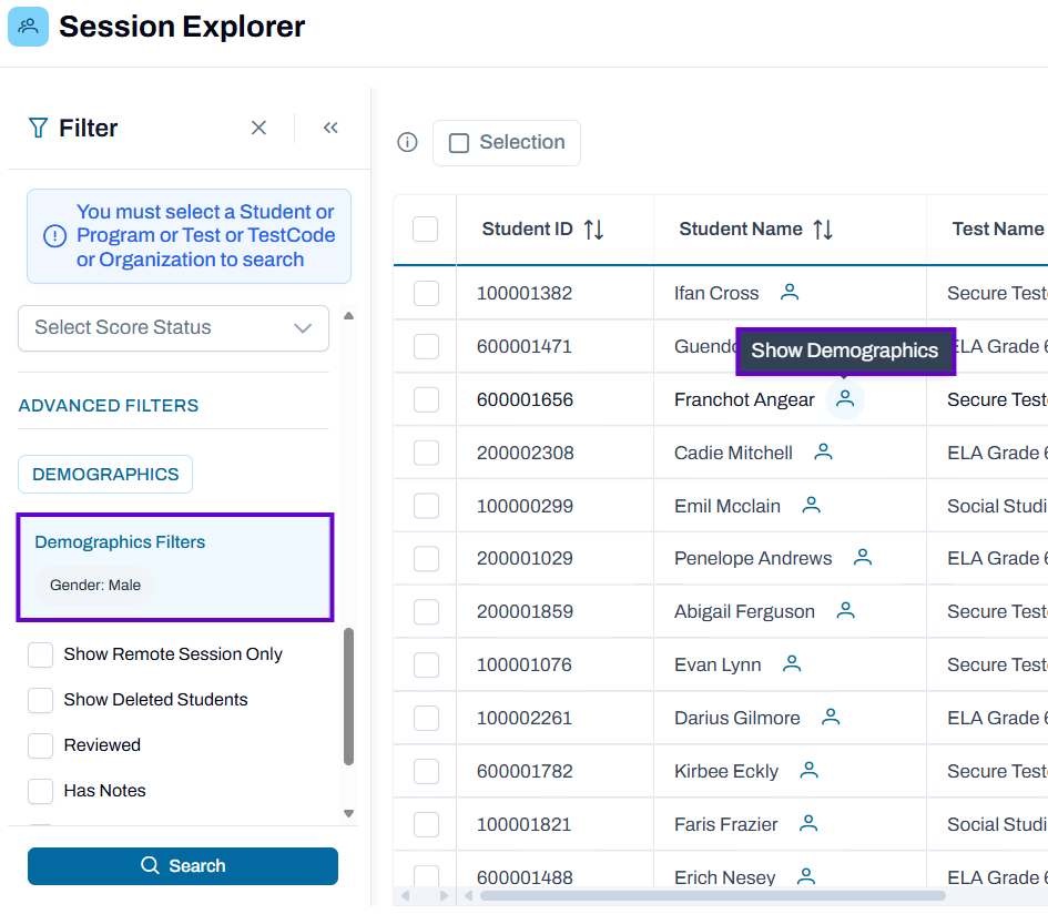 Demographics filter highlighted on Session Explorer screen.