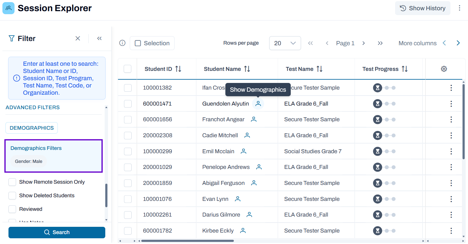 Demographics filter highlighted on Session Explorer screen.
