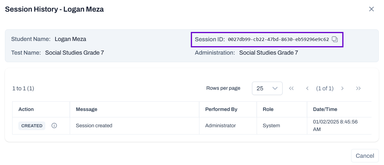 Session history popup with Session ID highlighted.