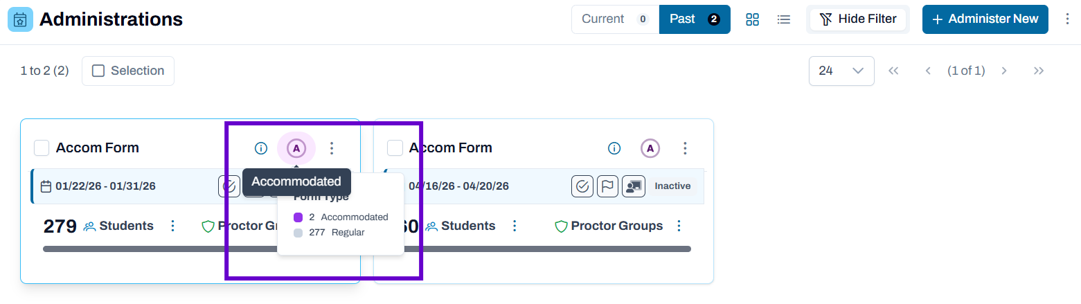 Accommodated Form Count displayed on Admin Card.