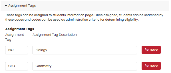 Assignment Tags section showing Biology and Geometry tags, with options to add, edit, or delete tags.
