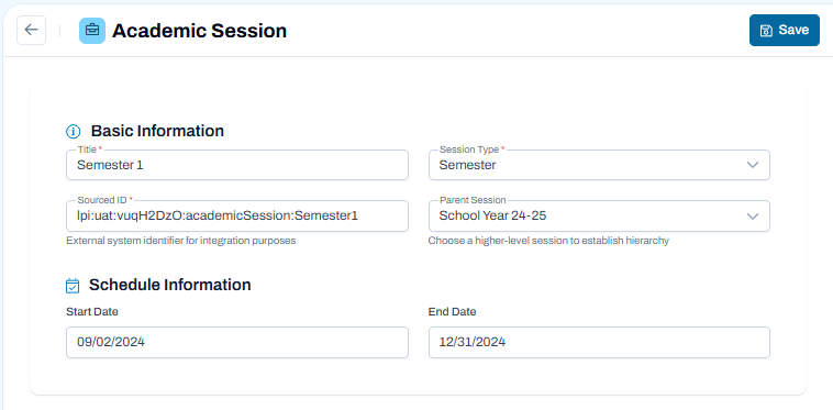 Academic Session edit page showing session details, parent session selection, and start and end dates.