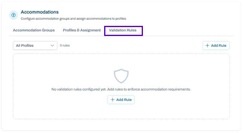 Validation Rules tab selected; no rules configured, with options to filter profiles and add a validation rule.