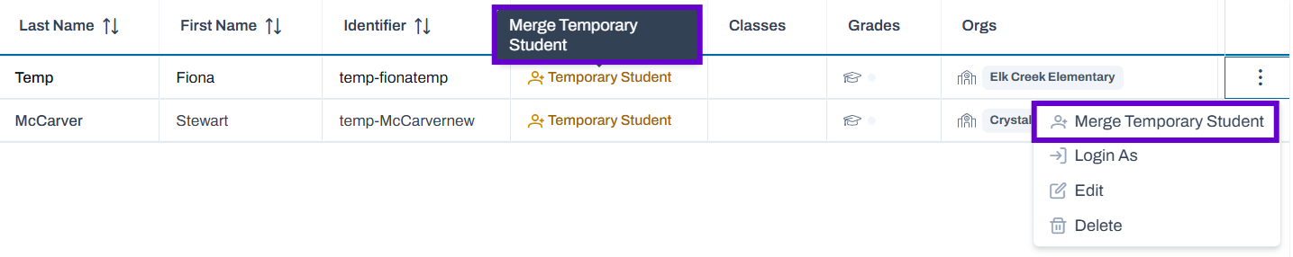 Merge Temporary Student option highlighted.
