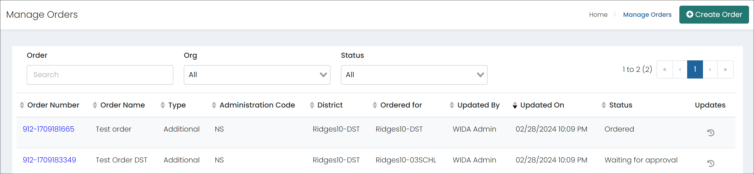 Sample Manage Orders Page