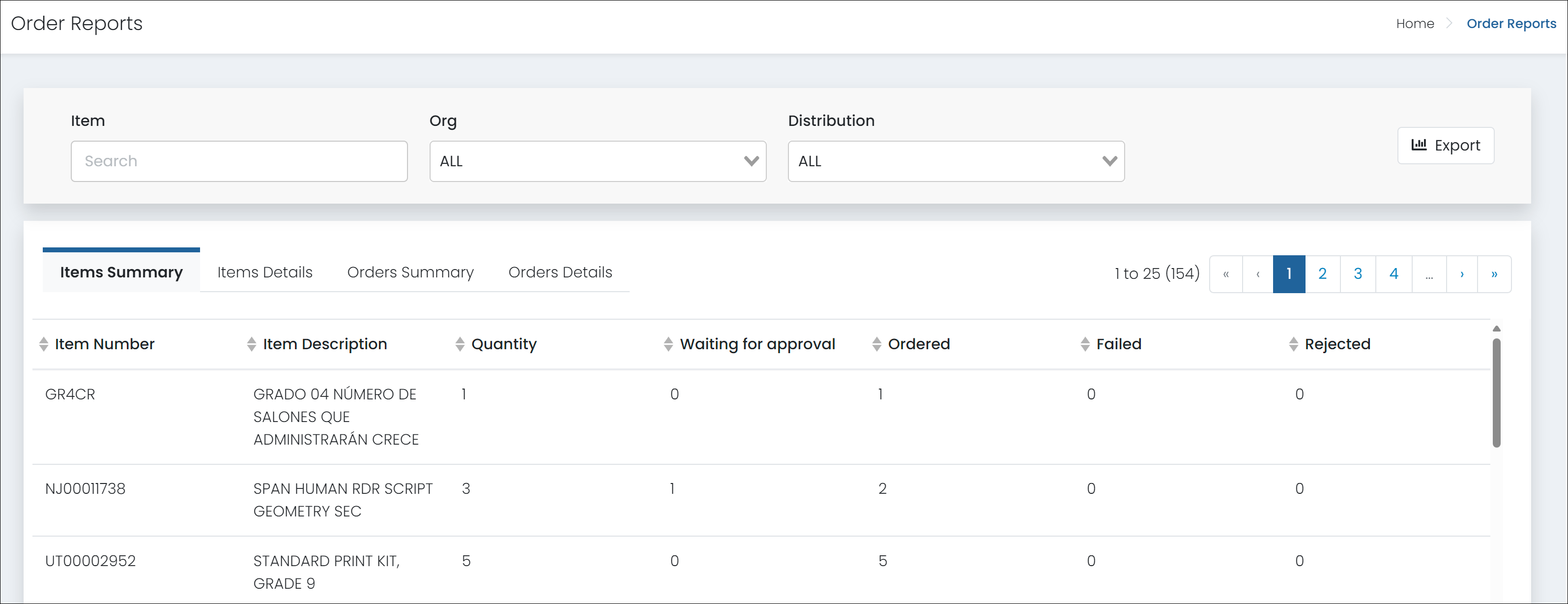 Sample Order Reports page