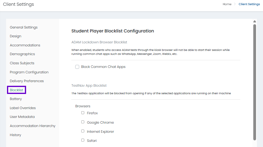 Blocklist settings page with blacklist options for chat apps and browsers; all selections currently unselected.