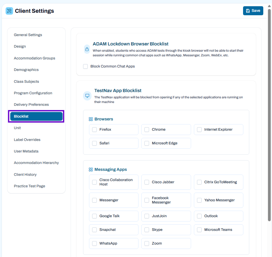 Blocklist settings page with blacklist options for chat apps and browsers; all selections currently unselected.