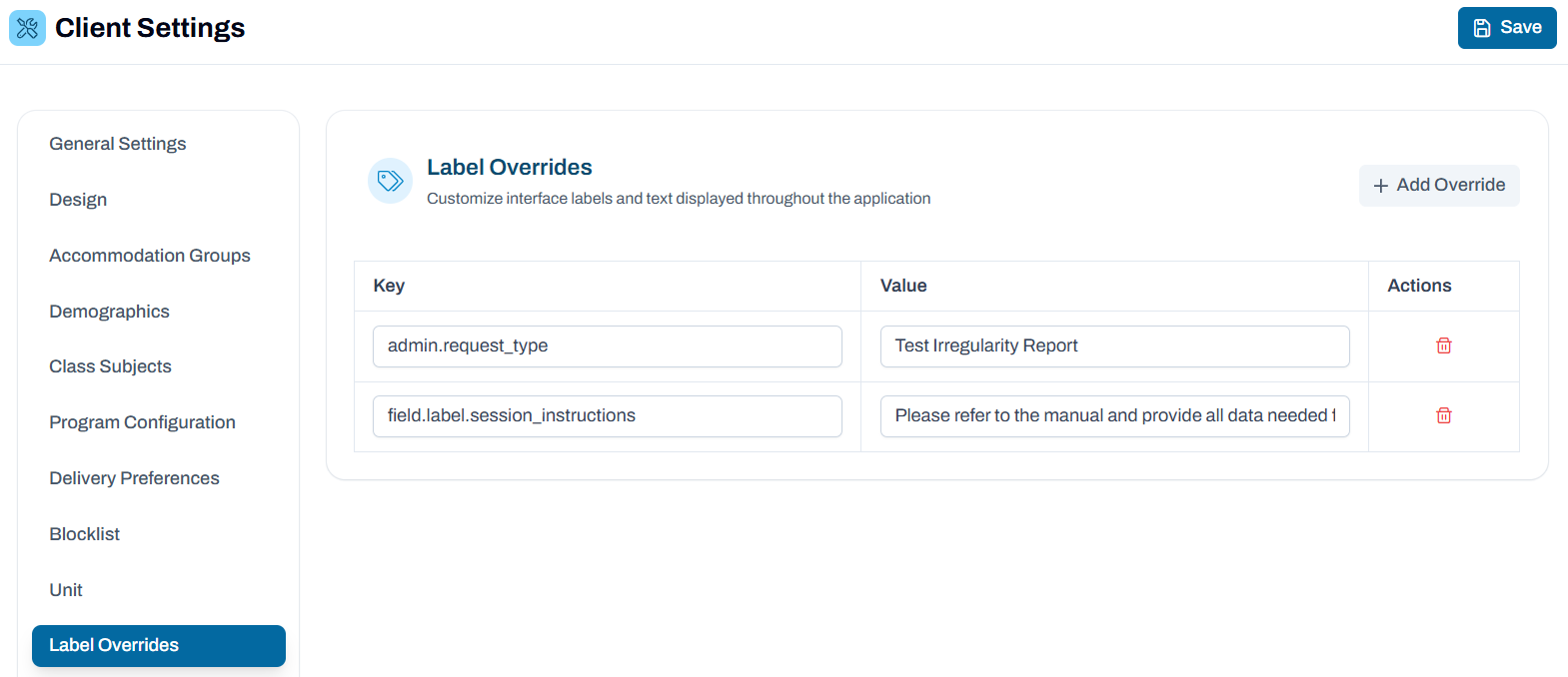 Sample Label Overrides Screen.