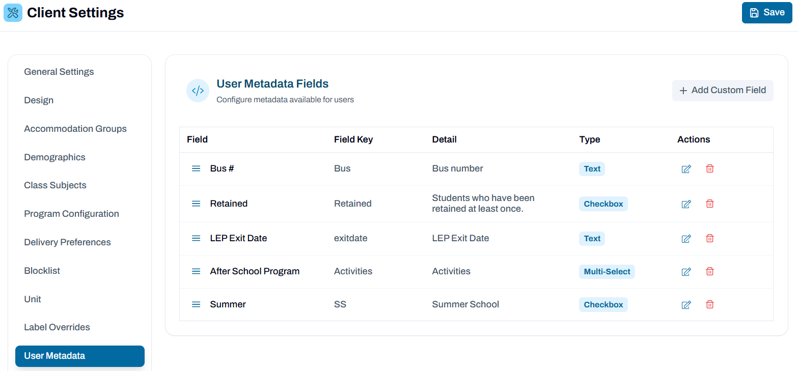 Sample User Metadata Fields screen.