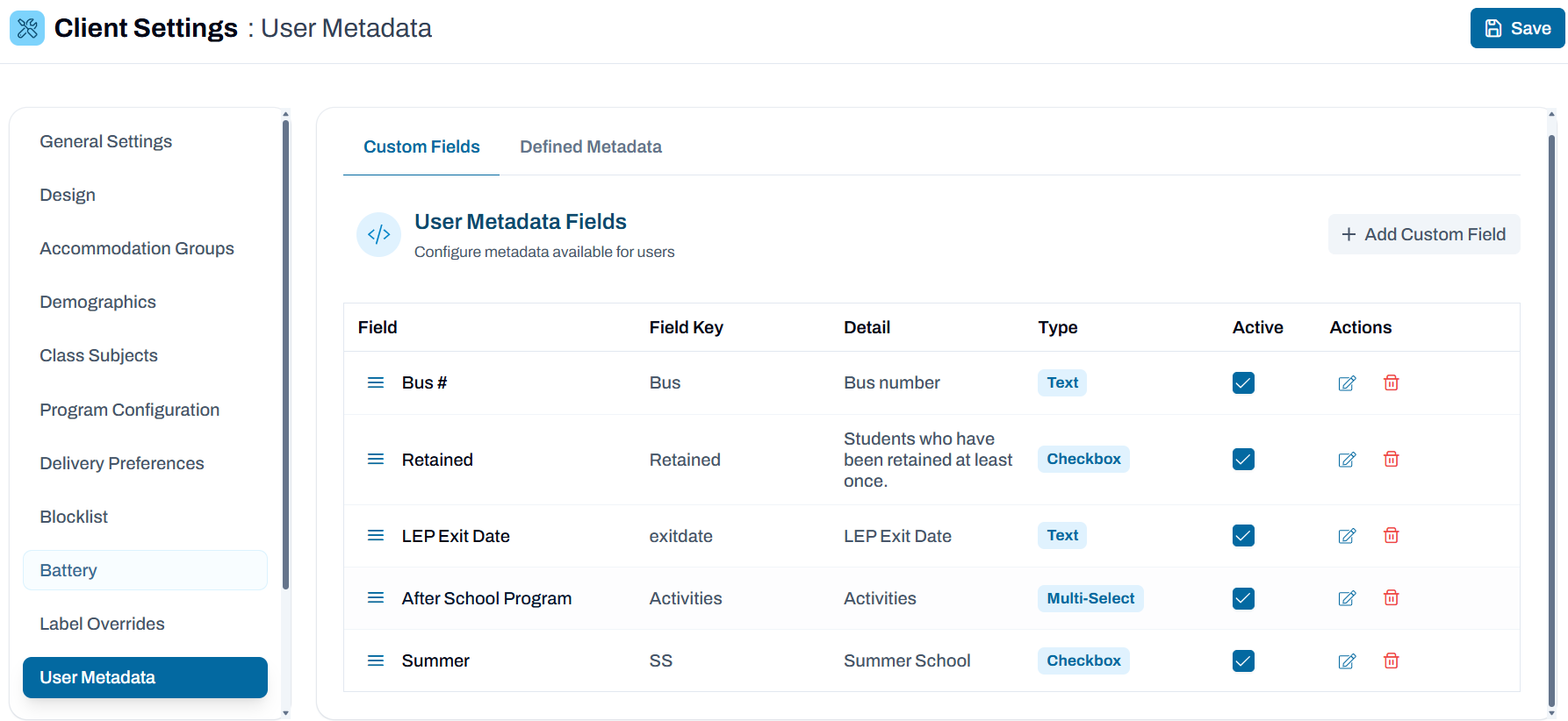 Sample User Metadata Fields screen for custom metadata.