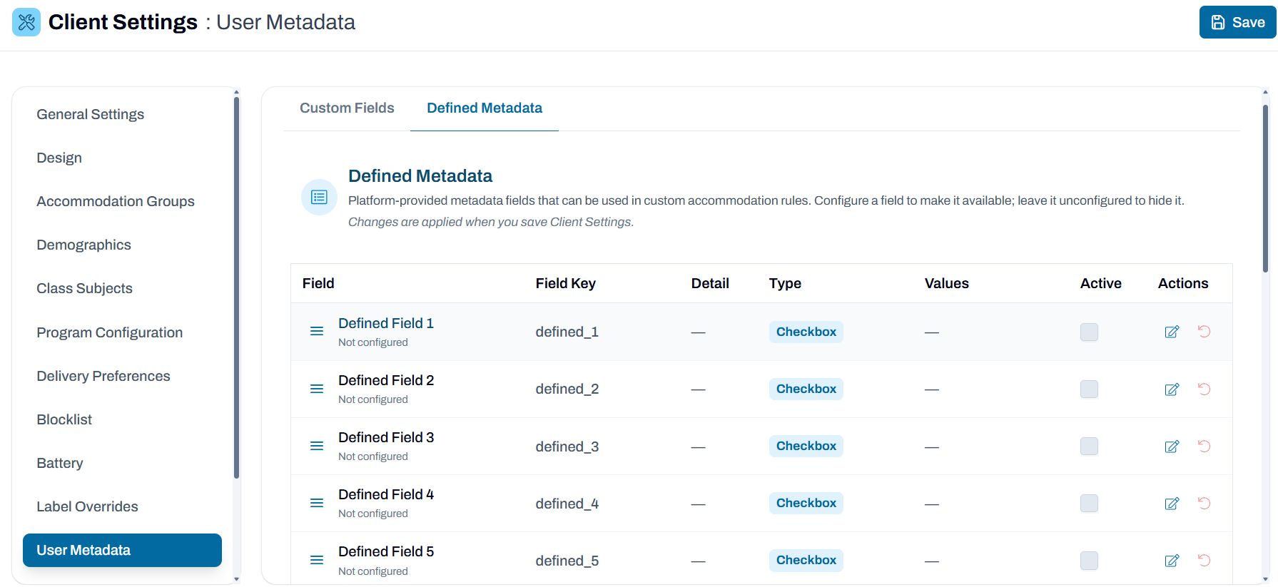 Sample User Metadata Fields screen for defined metadata.